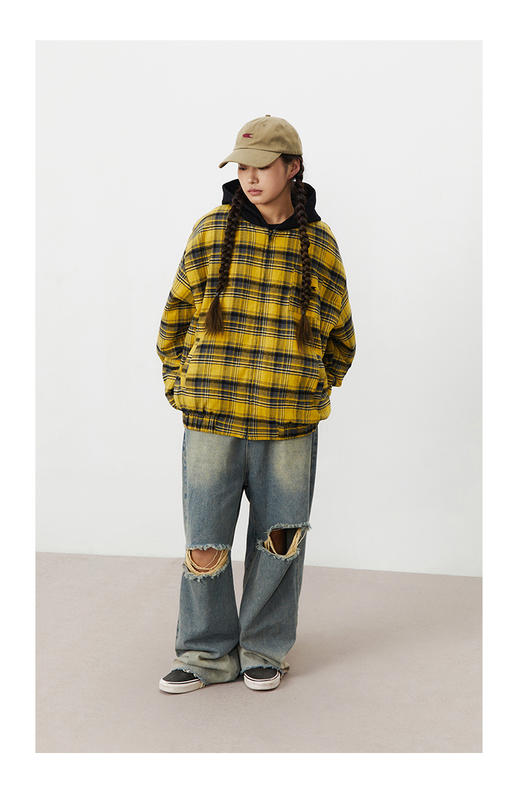 CryingCenter 冬季美式宽松格纹连帽街头感棉服外套 哭喊中心 商品图3