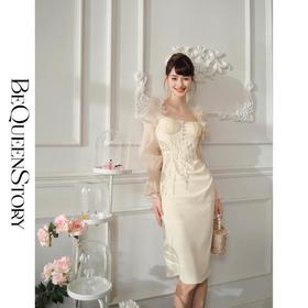 BeQueenStory【月神狄安娜】欧根纱手工串珠流苏抽褶收腰连衣裙春