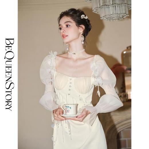 BeQueenStory【月神狄安娜】欧根纱手工串珠流苏抽褶收腰连衣裙春 商品图3