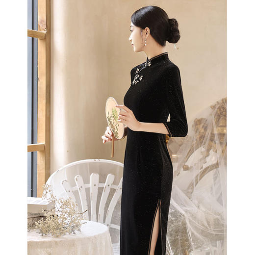 高端黑色秋旗袍，改良年轻款少女复古民国丝绒QCQL-002 商品图3