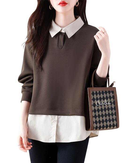 SMZ13871欧货春款2024新款高级感百搭假两件卫衣女拼接衬衫领设计感上衣潮 商品图4