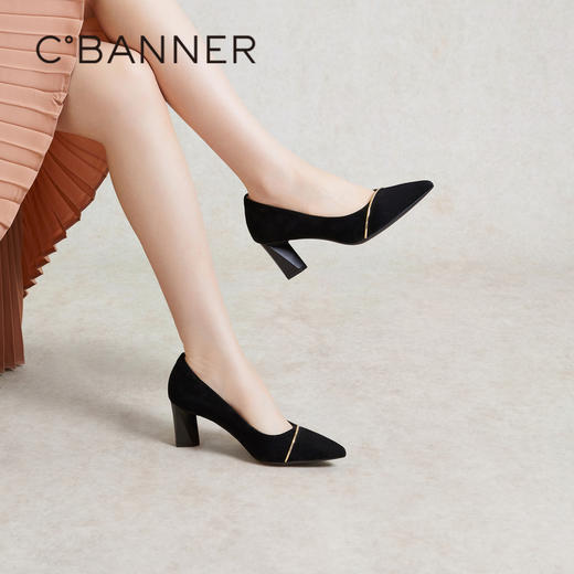 【静音系列】千百度尖头粗高跟鞋春季通勤羊皮单鞋女鞋A24171609 商品图1