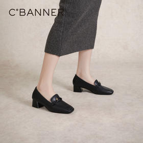 千百度正装乐福鞋女春季粗中跟方头小皮鞋通勤深口羊皮鞋A24149704