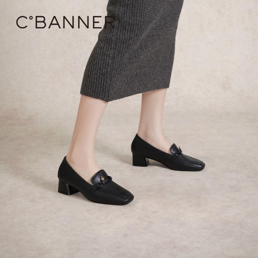 千百度正装乐福鞋女春季粗中跟方头小皮鞋通勤深口羊皮鞋A24149704 商品图0