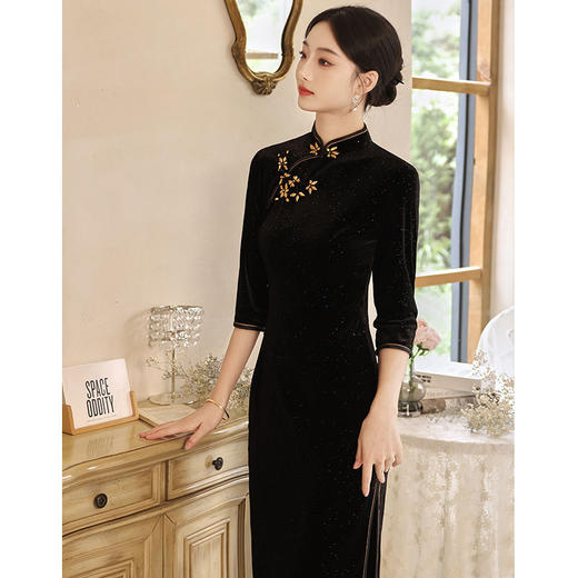 高端黑色秋旗袍，改良年轻款少女复古民国丝绒QCQL-002 商品图4