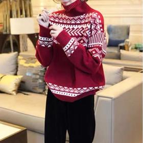 AHM-8608新年圣诞风红色毛衣2024春季新款法式慵懒风百搭宽松高领针织衫