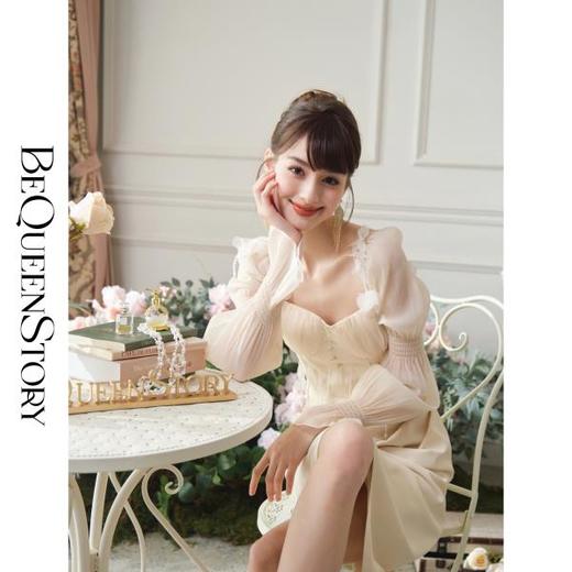 BeQueenStory【月神狄安娜】欧根纱手工串珠流苏抽褶收腰连衣裙春 商品图2