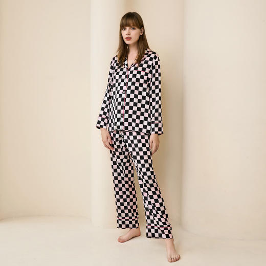 Solo seta桑蚕丝睡衣套装女长袖家居服丝绸印花棋盘格子2025 商品图3