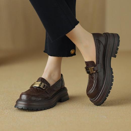 厚底复古金属扣网格粗跟，深口乐福鞋时装鞋羊皮女鞋HB&Z406 商品图4