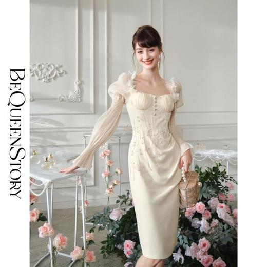 BeQueenStory【月神狄安娜】欧根纱手工串珠流苏抽褶收腰连衣裙春 商品图4