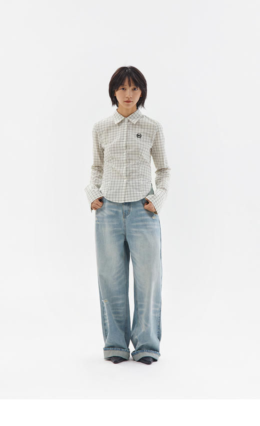 CryingCenter 白色格子短款紧身学院制服辣妹长袖衬衫 哭喊中心 商品图1
