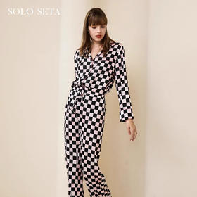 Solo seta桑蚕丝睡衣套装女长袖家居服丝绸印花棋盘格子2025