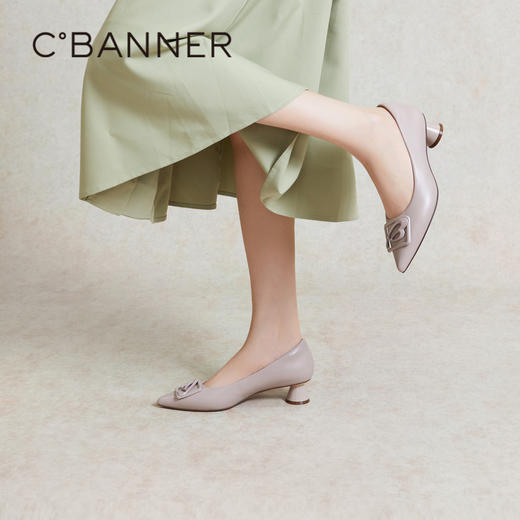 【静音系列】千百度粗跟单鞋女春季裸色中跟鞋通勤羊皮鞋A24106052 商品图4