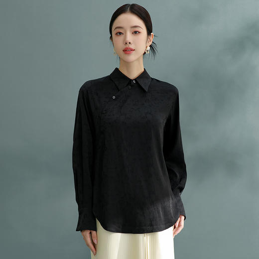 国风提花黑色衬衫女2026春季新款百搭新中式高级感上衣 商品图0