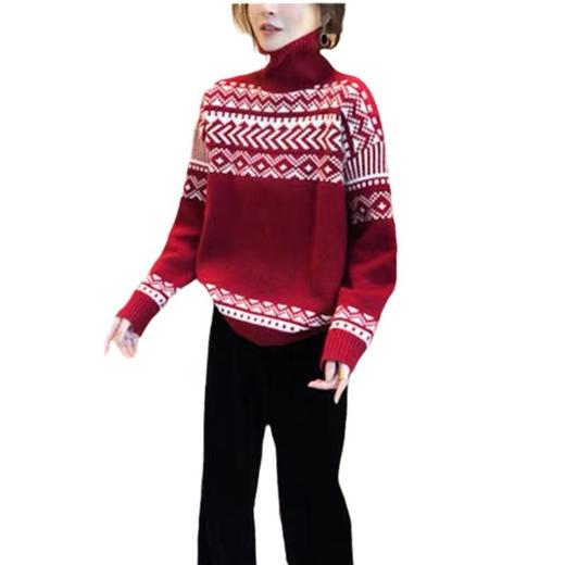 AHM-8608新年圣诞风红色毛衣2024春季新款法式慵懒风百搭宽松高领针织衫 商品图4