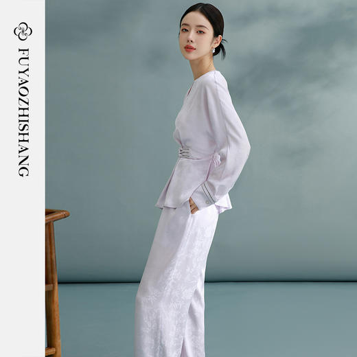 紫色盘扣衬衫女春季新款小个子气质提花衬衣长裤两件套 商品图3