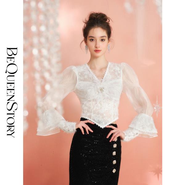 BeQueenStory【香雪玉兰】设计感两穿袖子可拆泡泡袖时尚V领衬衫