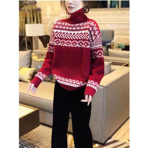 AHM-8608新年圣诞风红色毛衣2024春季新款法式慵懒风百搭宽松高领针织衫 商品图5
