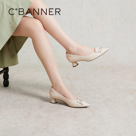 【静音系列】千百度粗跟单鞋女春季裸色中跟鞋通勤羊皮鞋A24106052 商品图2