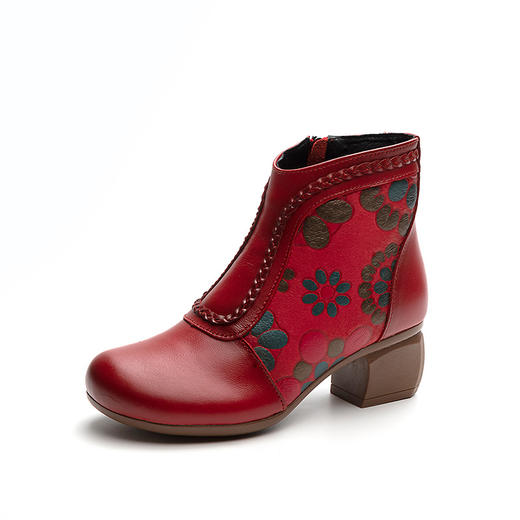 GL20239靴子女2023秋冬新款民族风真皮拼色印花女靴粗跟软底短靴 商品图4