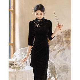 高端黑色秋旗袍，改良年轻款少女复古民国丝绒QCQL-002