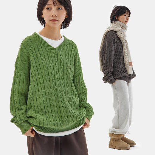 CryingCenter 花棕花绿V领美式复古学院麻花宽松毛衣 哭喊中心 商品图0