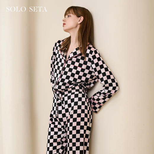 Solo seta桑蚕丝睡衣套装女长袖家居服丝绸印花棋盘格子2025 商品图1