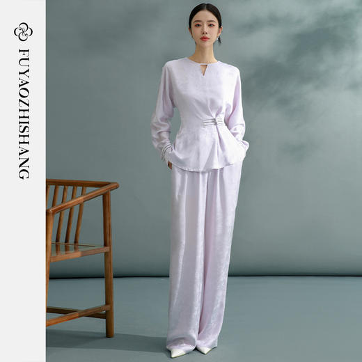 紫色盘扣衬衫女春季新款小个子气质提花衬衣长裤两件套 商品图0