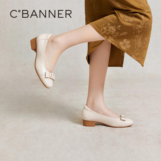 千百度中跟单鞋女春季浅口小香风真皮鞋温柔风晚晚鞋通勤A24121524 商品图4