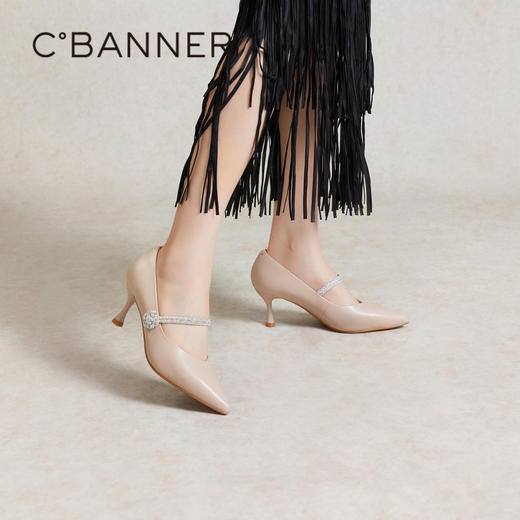 【静音系列】千百度细高跟鞋春季一字带羊皮裸色单鞋女A24141588 商品图0