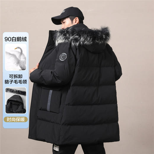 【白鹅绒 银貉子毛领】罗蒙秋冬中长款羽绒服男士休闲连帽款可拆卸毛领羽绒服外套 商品图3