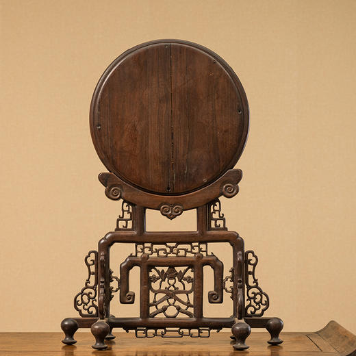 清 红木镶云石透雕蝠纹圆形插屏 商品图1