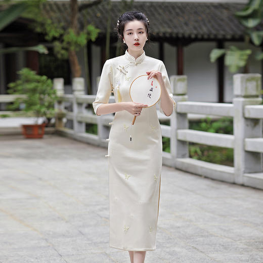 MLS-6288麂皮绒烫金绣花长款旗袍 秋冬新款清新少女优雅烫金中袖修身 商品图7