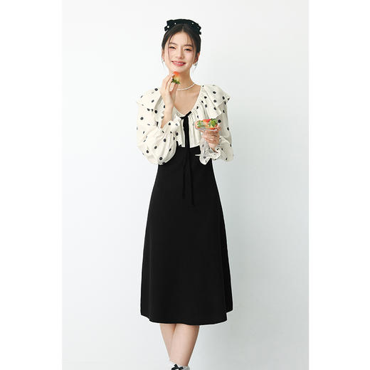 【严选】诗凡黎春领子拼接植绒波点法式浪漫荷叶领公主泡泡袖连衣裙SF1290211 商品图1