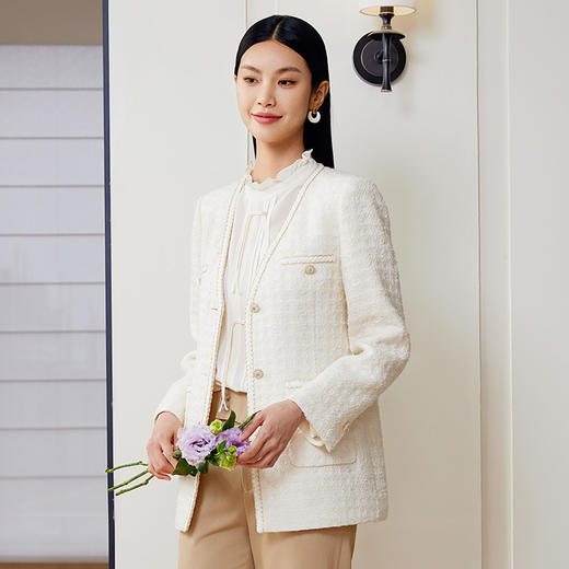 玳莎小香风毛呢外套女2024年春季新款职场通勤宽松V领中长款大衣  EA37301 商品图1