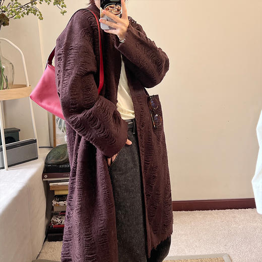 Azure Pepper强缩绒羊毛手工剪边双面提花宽松套头长外套 商品图0