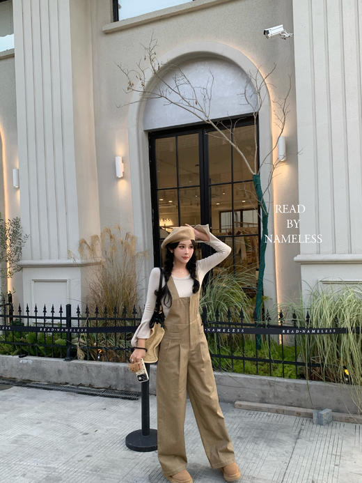 Read Nameless /单侧抽绳打底衫奶茶色+第一条咖色背带裤 商品图12