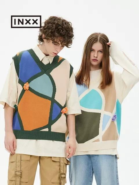 1F【INXX】中性可拆卸花朵背心彩色格纹无袖针织衫 商品图0