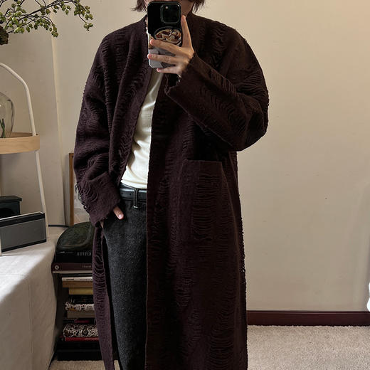 Azure Pepper强缩绒羊毛手工剪边双面提花宽松套头长外套 商品图1