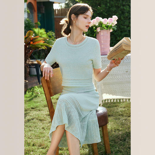 OLrain欧芮儿法式时尚套装女早春2024新款度假镂空针织裙装两件套 商品图0