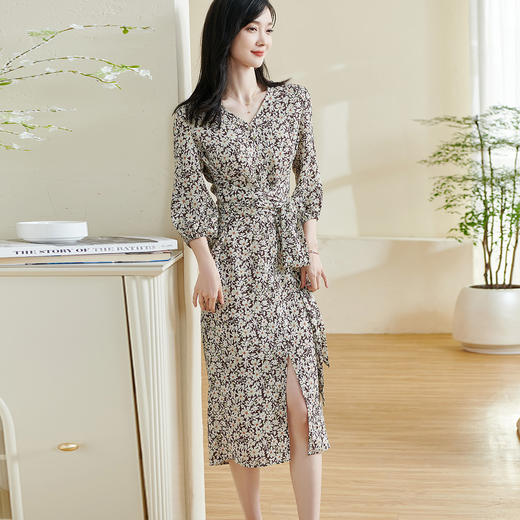 米思阳2026春季新款法式气质碎花茶歇连衣裙v领七分袖开叉裙子女0323 商品图1