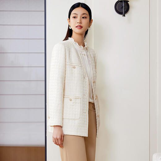 玳莎小香风毛呢外套女2024年春季新款职场通勤宽松V领中长款大衣  EA37301 商品图2