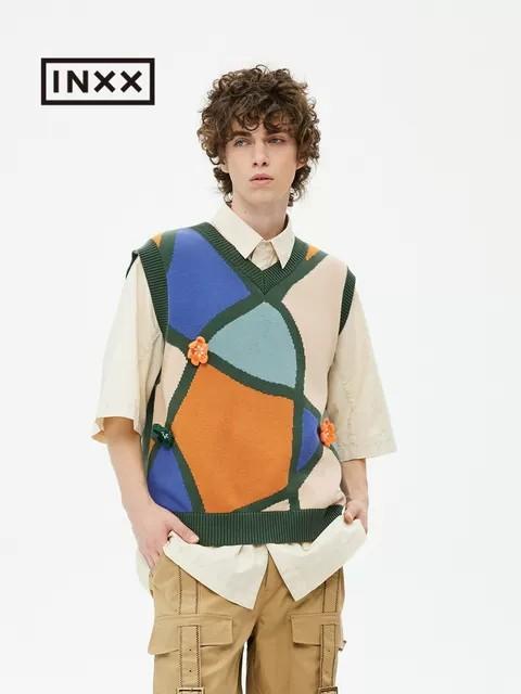 1F【INXX】中性可拆卸花朵背心彩色格纹无袖针织衫 商品图1