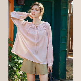 OLrain欧芮儿浅粉色雪纺衫女春季2024年新款宽松系带泡泡袖衬衫