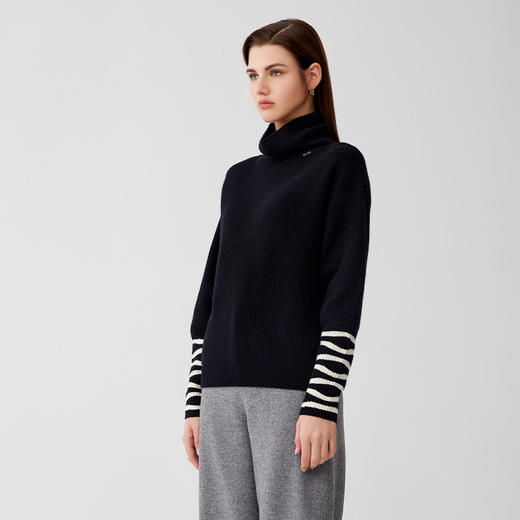 【高领条纹宽松羊绒衫】羊绒世家秋冬新款女士100%山羊绒内搭保暖毛衣 商品图1