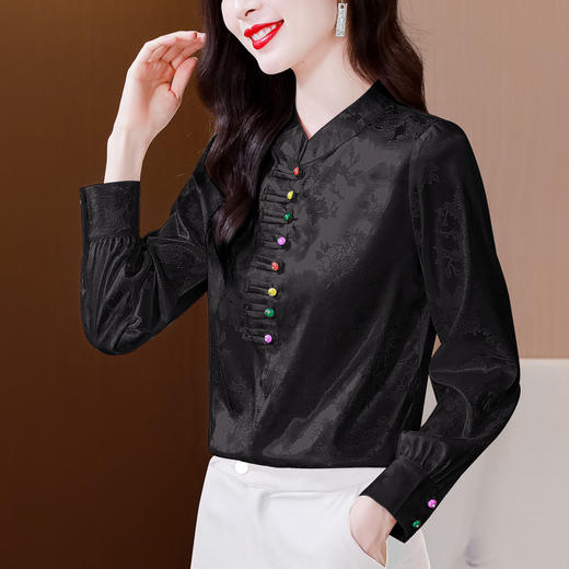 KQL-1807春款新中式彩扣小衫女气质时尚修身设计感长袖衬衫上衣 商品图3