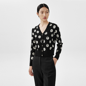 朗姿黑色V领羊毛针织衫女印花撞色高级感开衫LSEK00KCD401B01