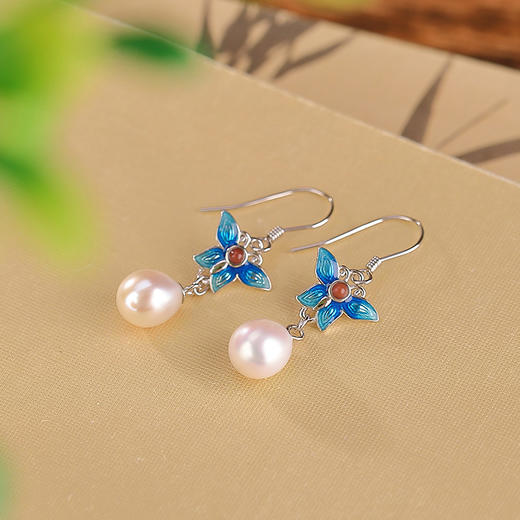 S925纯银，南红淡水珍珠国潮景泰蓝蝴蝶不规则耳坠气质银耳钩CW-EG01882 商品图1