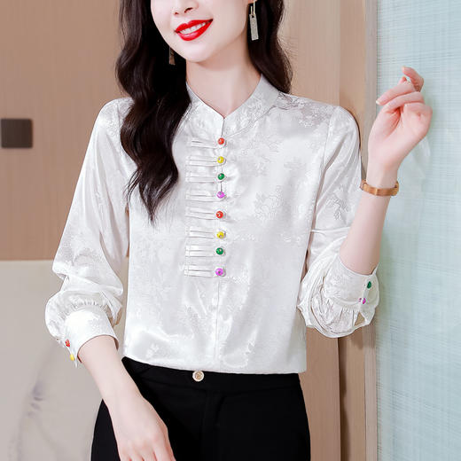 KQL-1807春款新中式彩扣小衫女气质时尚修身设计感长袖衬衫上衣 商品图0