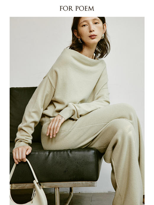 ForPoem 现货 24/SS 休闲百搭一字肩100羊毛针织上衣阔腿裤舒适套装 商品图4